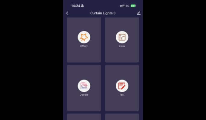 A phone screen with the NOMA Smart Creative Lightshow App function menu. 