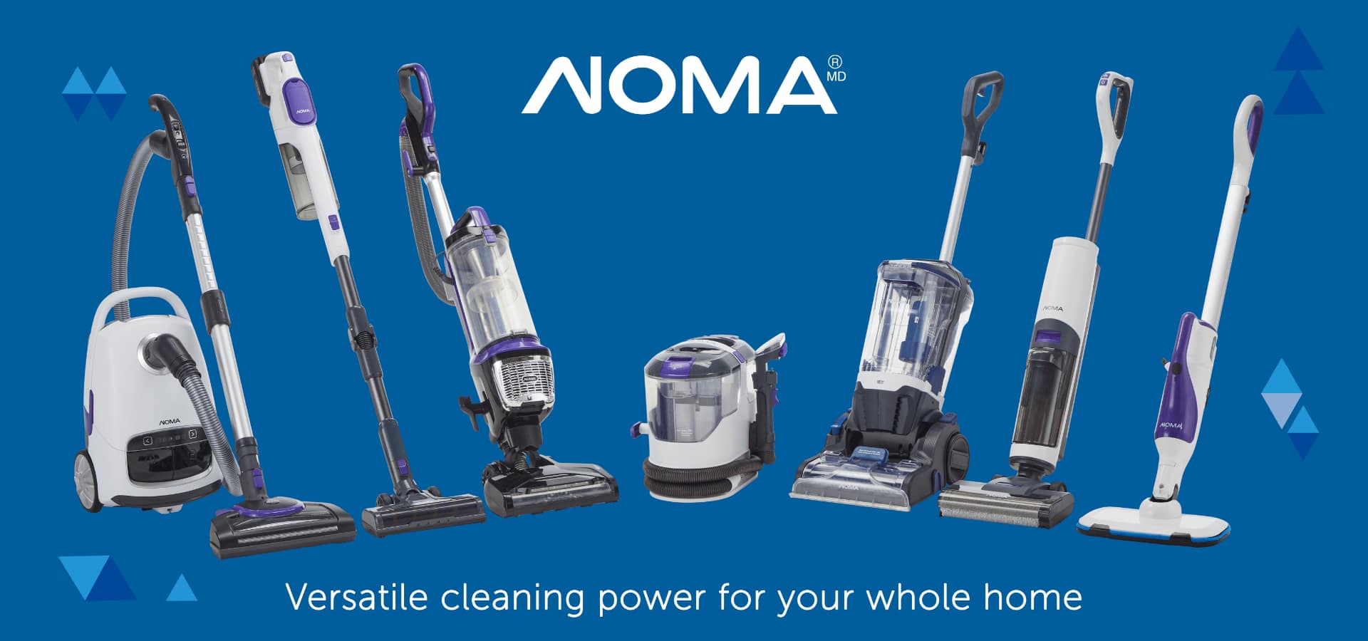 An assortment of eight styles and sizes of NOMA vacuums in a living room. 