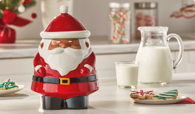 Un pot à biscuits Père Noël CANVAS sur un comptoir de cuisine.