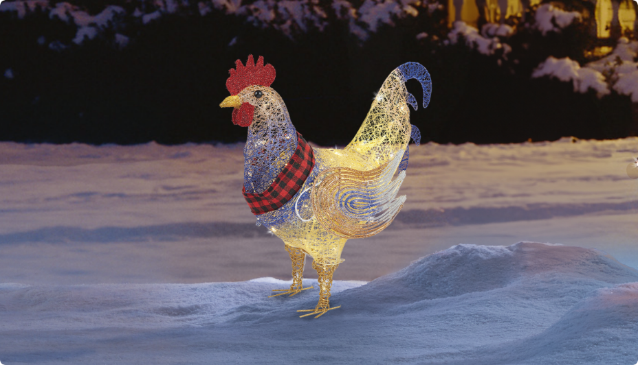 Coq à DEL CANVAS dans une cour enneigée. 