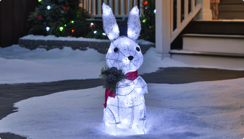 Un lapin à DEL CANVAS Blanc arctique dans une cour avant enneigée.