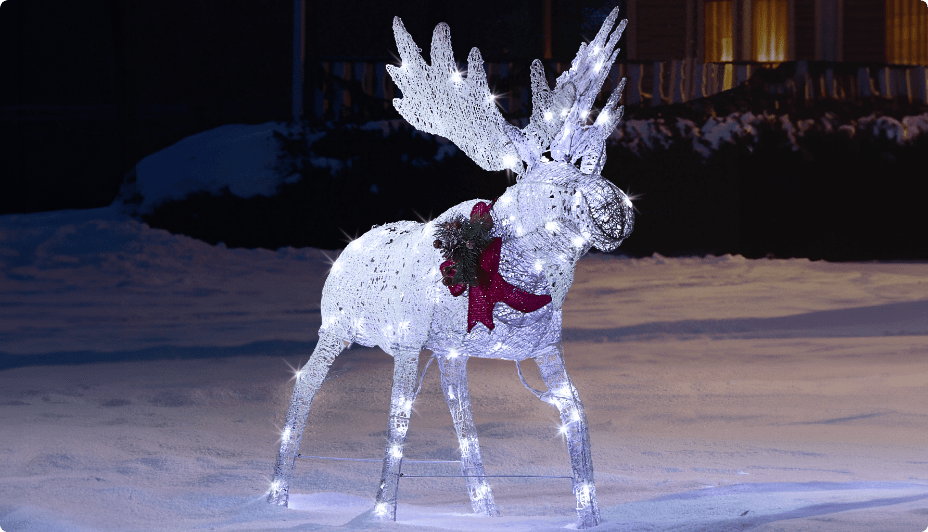 Un orignal à DEL CANVAS Blanc arctique dans une cour avant enneigée.