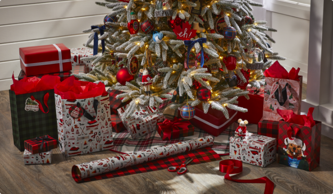 Christmas gifts wrapped in CANVAS gift wrap.