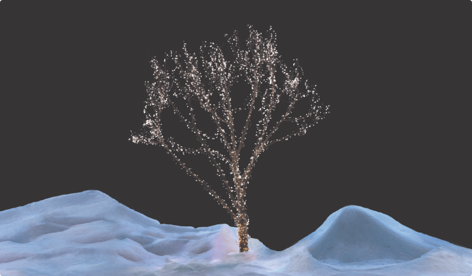 A tree in a snowy yard decorated with a NOMA Advanced Cluster Lightshow. 