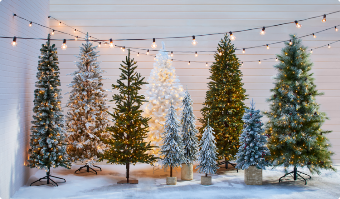 Une rangée d’arbres de Noël artificiels de styles et de tailles variés.