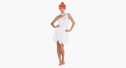 A woman wearing an Adult Wilma Flintstone Costume.