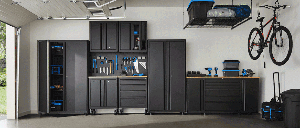 Tidy garages featuring Mastercraft and MAXIMUM garage cabinets.