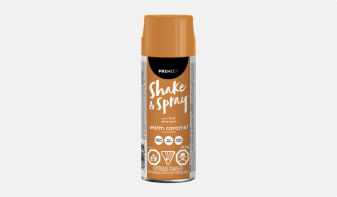 A can of Premier Shake & Spray Satin Finish Paint, Warm Caramel.