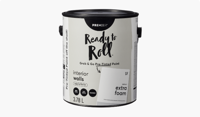 A 3.78-L can of Premier Ready to Roll Paint, Extra Foam on a hardwood floor.