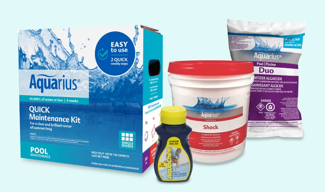 An assortment of Aquarius pool chemicals and supplies. 