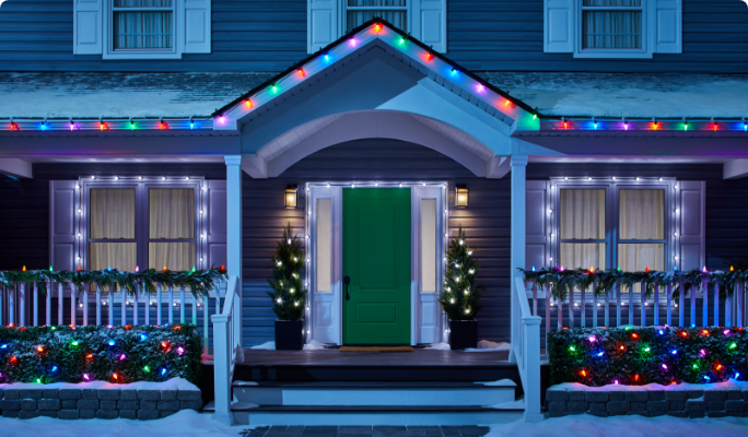 Front porch of home decorated with NOMA Advanced Custom LED Lights