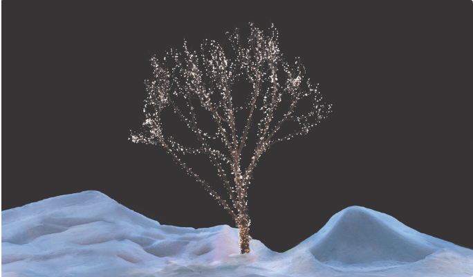 A tree in a snowy yard decorated with a NOMA Advanced 1,000 Cluster Lightshow.