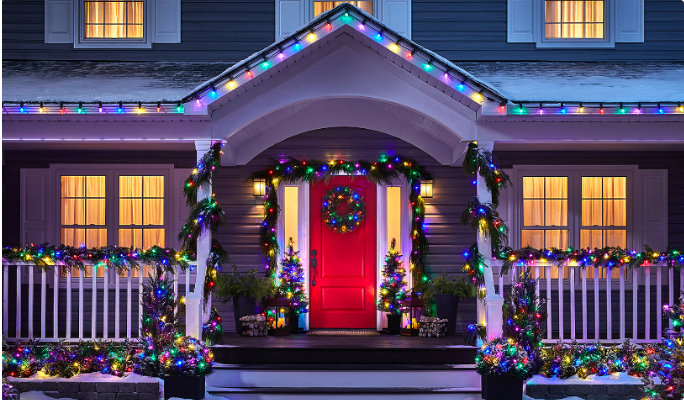 The exterior of a house decorated with NOMA Advanced EverTough LED Lights.