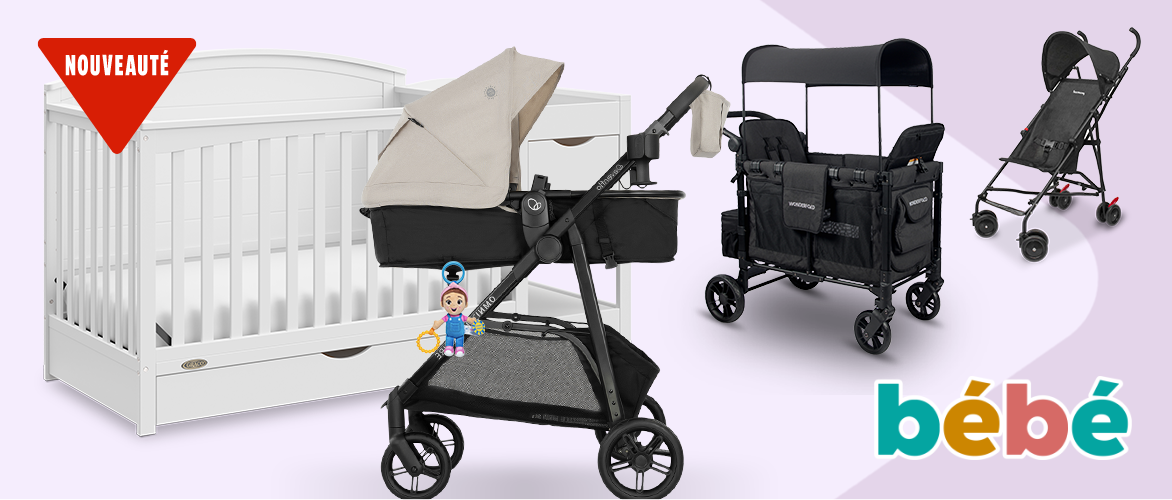 Un lit de bébé blanc, une poussette noire avec un auvent beige, un chariot multiplace noir et une poussette parapluie noire.