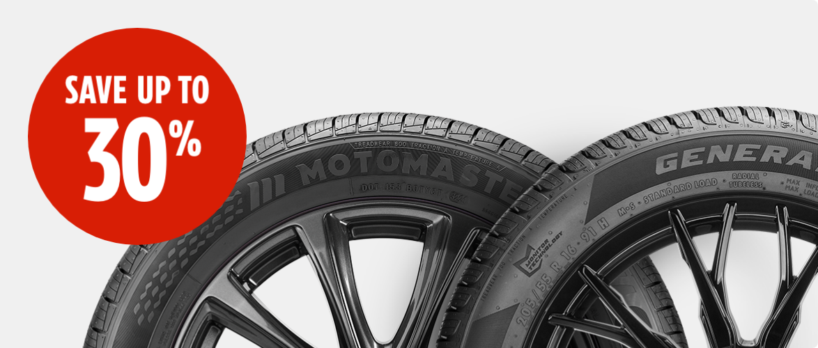 A MotoMaster tire and a General tire.
