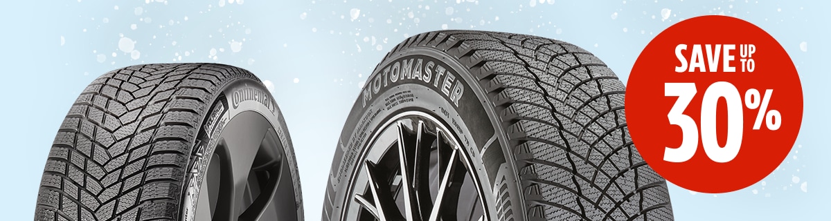 Save up to 30% on tires from quality brands like Bridgestone, Continental and MotoMaster.