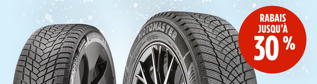 Économisez jusqu'à 30 % sur les pneus de marques de qualité telles que Bridgestone, Continental et MotoMaster.