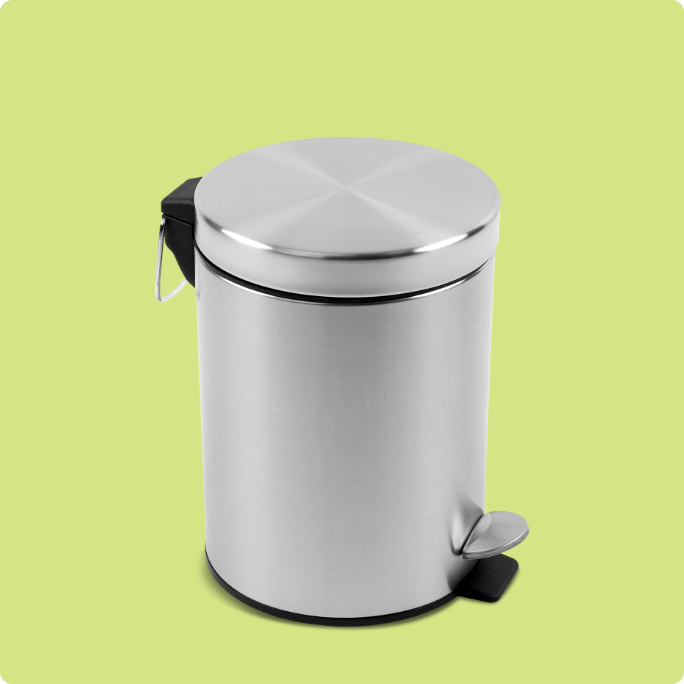 A stainless steel type A trash can with foot pedal.