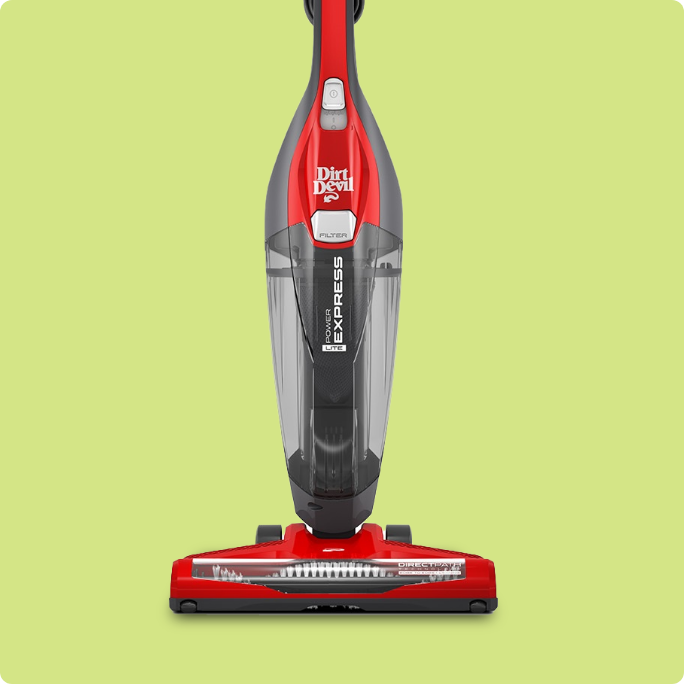 A red Dirt Devil upright vacuum cleaner. 