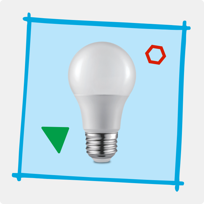 A NOMA LED light bulb with geometric shapes around it.