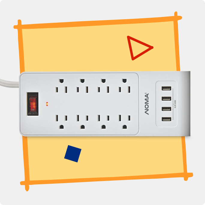 A NOMA power strip with multiple outlets and geometric shapes around it. 