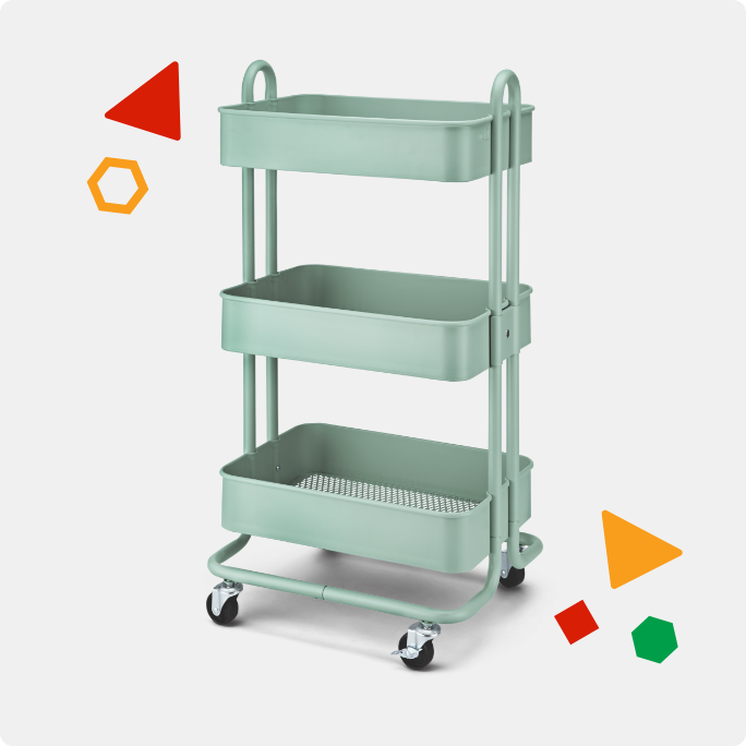A green type A rolling cart with three tiers and geometric shapes around it.