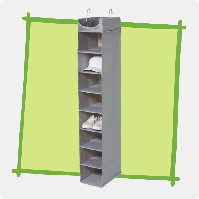 A type A hanging organizer with multiple shelves.