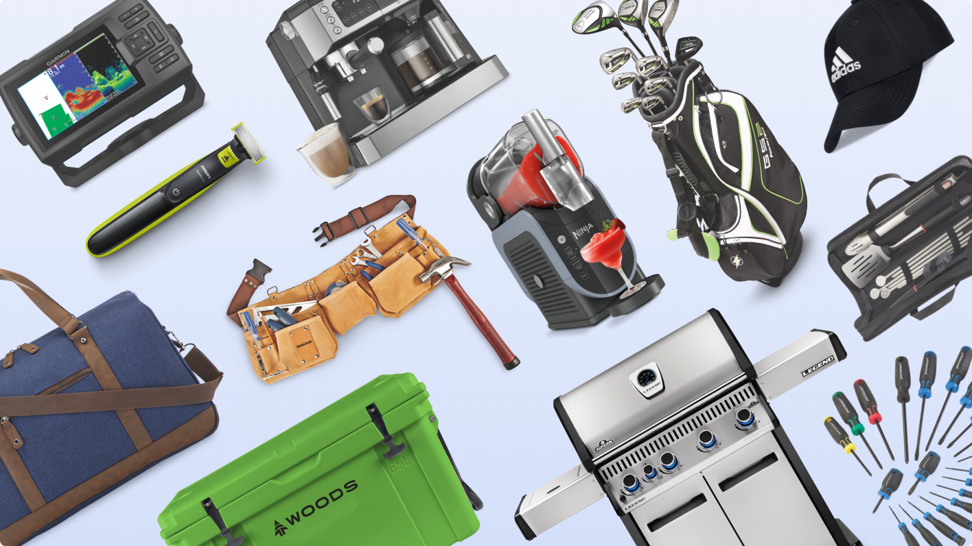 A collection of various items including a fish finder, espresso machine, golf club set, and baseball cap.