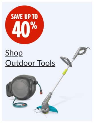 Save up to 40%  Gardena Wall-Mounted Auto Hose Reel with Nozzle, 100-ft  Yardworks 5A Electric Grass Trimmer & Edger, 14-in