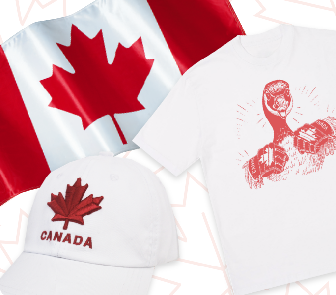 Vêtements sur le thème du Canada, y compris un chapeau et un t-shirt.