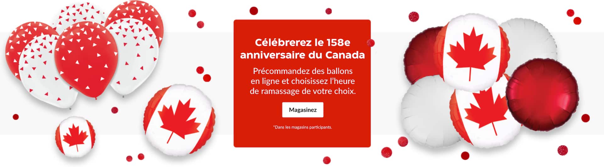Ballons rouges et blancs avec le drapeau canadien et la feuille d’érable.