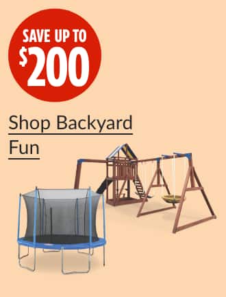 Save up to $200  JumpTek Outdoor Round Trampoline & Safety Enclosure, 14-ft  Sportspower Grand Mesa Wooden Play Centre