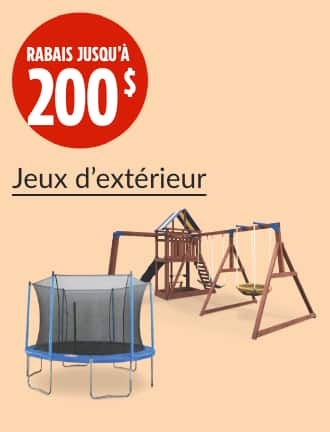 Rabais jusqu’à 200 $  Trampoline rond JumpTek avec filet de sécurité, 14 pi  Centre de jeu en bois Sportspower Grand Mesa