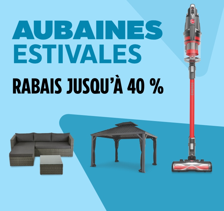 Aubaines estivales. Rabais jusqu’à 40 %.  Ensemble modulaire d’extérieur For Living  Kayak pour 1 personne Pelican Magna, 10 pi  Aspirateur-balai Hoover ONEPWR Emerge Jumpstart  Abri de jardin à toit rigide CANVAS Skyline, 10 x 12 pi