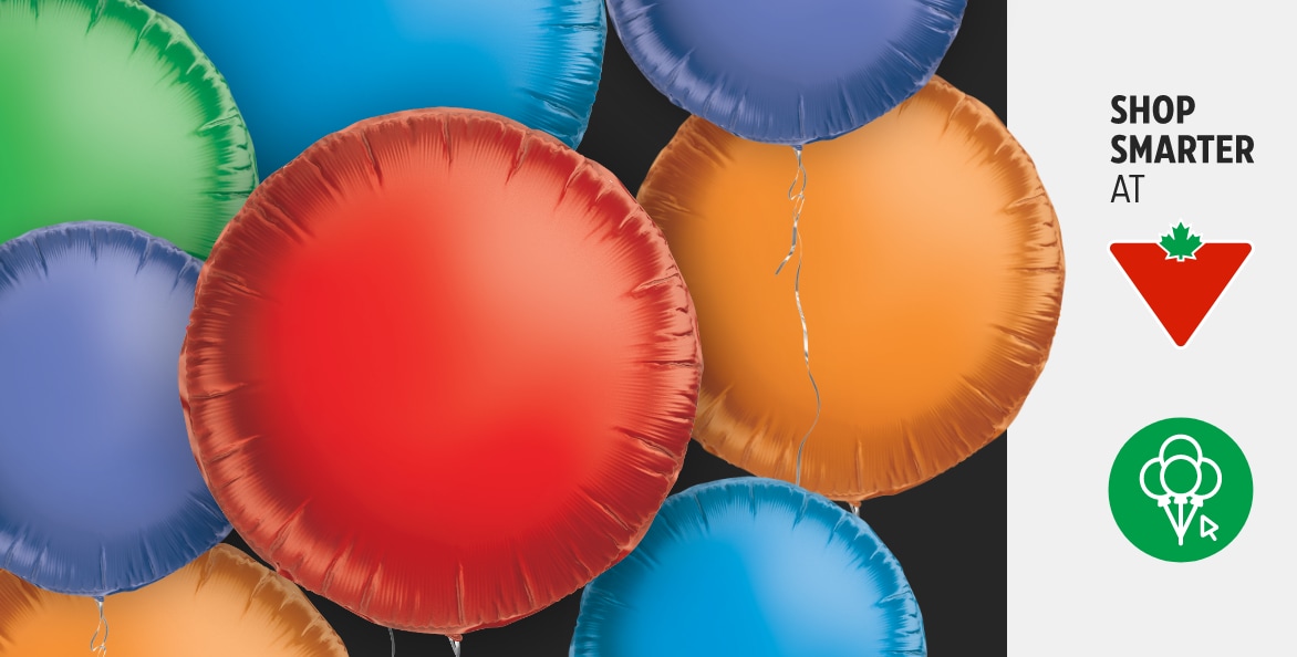 Colorful balloons in various shades of red, blue, orange, and green with the text "SHOP SMARTER AT" next to the Canadian Tire logo.