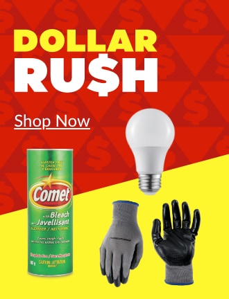 Dollar Rush.  Mastercraft Large Nitrile Dipped Gloves.  Globe LED Lightbulb, 60W.  Comet Powder Cleanser, 600g.