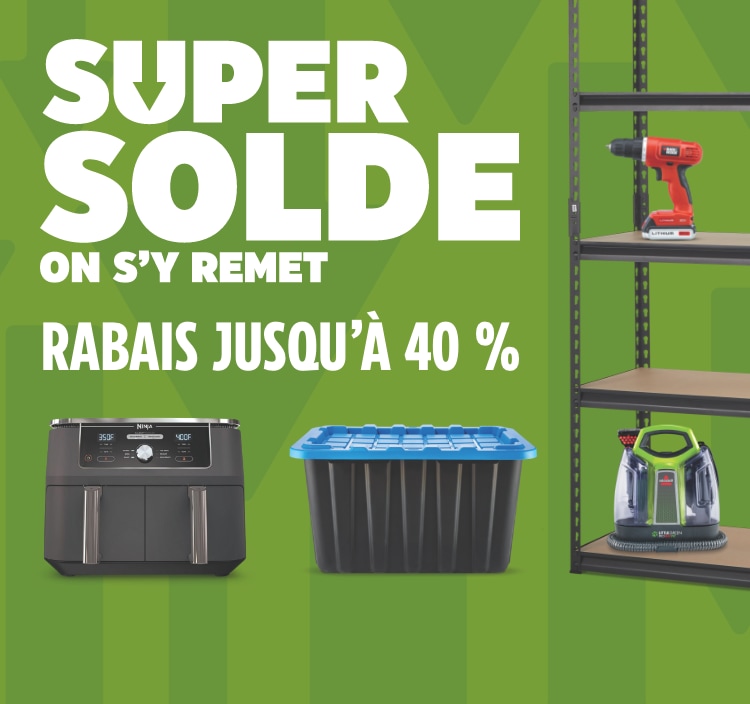 Super solde On s'y remet. Économisez jusqu'à 40 %.  Bac de rangement robuste Mastercraft avec couvercle, 102 L.  Friteuse à air Ninja Foodi XL à deux zones.  Unité de stockage/étagère réglable en acier et en bois à 5 tablettes Mastercraft.  Perceuse sans fil Black & Decker  20 V avec 100 accessoires.  Garde-robe à 3 portes Sauder, style shaker, blanc.  Shampouineuse en profondeur pour tapis Bissell Little Green ProHeat Pet.
