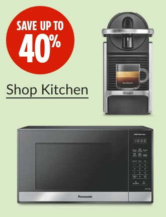 Save up to 40%.  Panasonic Microwave, black and stainless Steel,  0.9cu-ft.  Nespresso Pixie Espresso Machine by DeLonghi, silver.