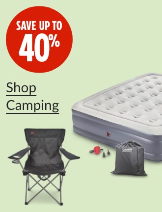 Save up to 40%.  Coleman Double High Airbed with 120-V handheld pump, queen.  Outbound Wide Back Folding Quad Chair with cup holder.