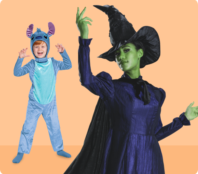 Child in a blue monster costume and adult in a witch costume on an orange background.