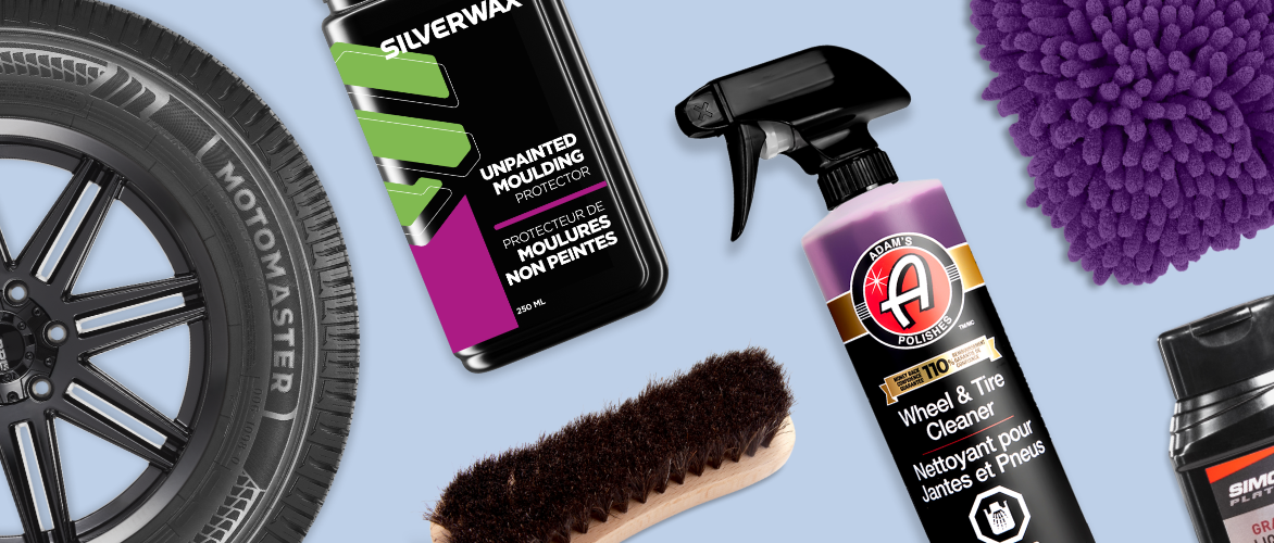 Car cleaning and maintenance products, including tire, polish, spray cleaner, brush and microfibre cloth.