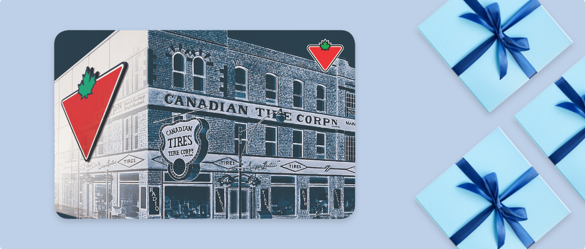 A Canadian Tire gift card with gifts wrapped in blue paper and ribbon.