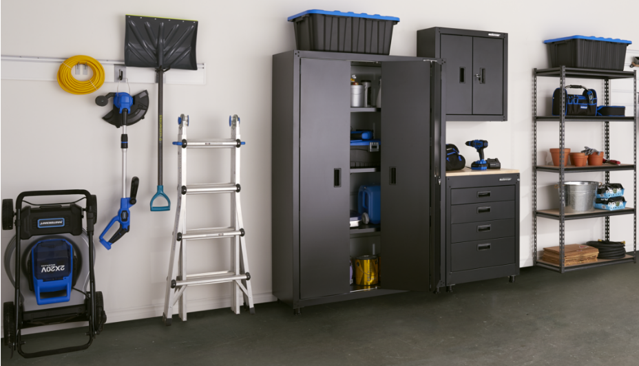 An organized garage with tools and storage.