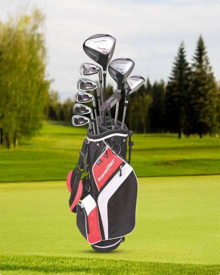 A golf bag on a course.