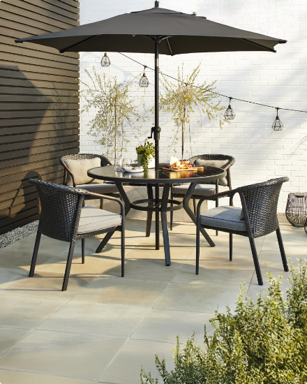 A CANVAS outdoor dining set on a backyard patio. 