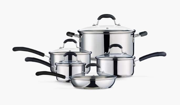 A set of stainless steel pots and pans.