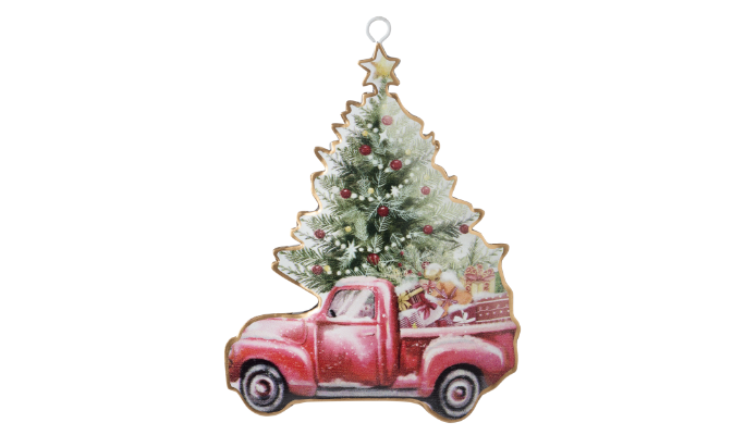CANVAS Red Truck with Tree Metal Ornament