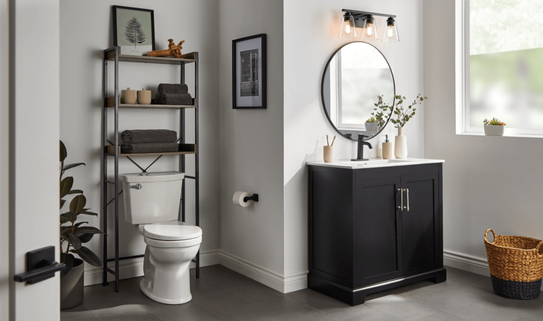 Une salle de bain moderne dotée d'un meuble-lavabo noir épuré, d'un miroir rond et d'une étagère ouverte.