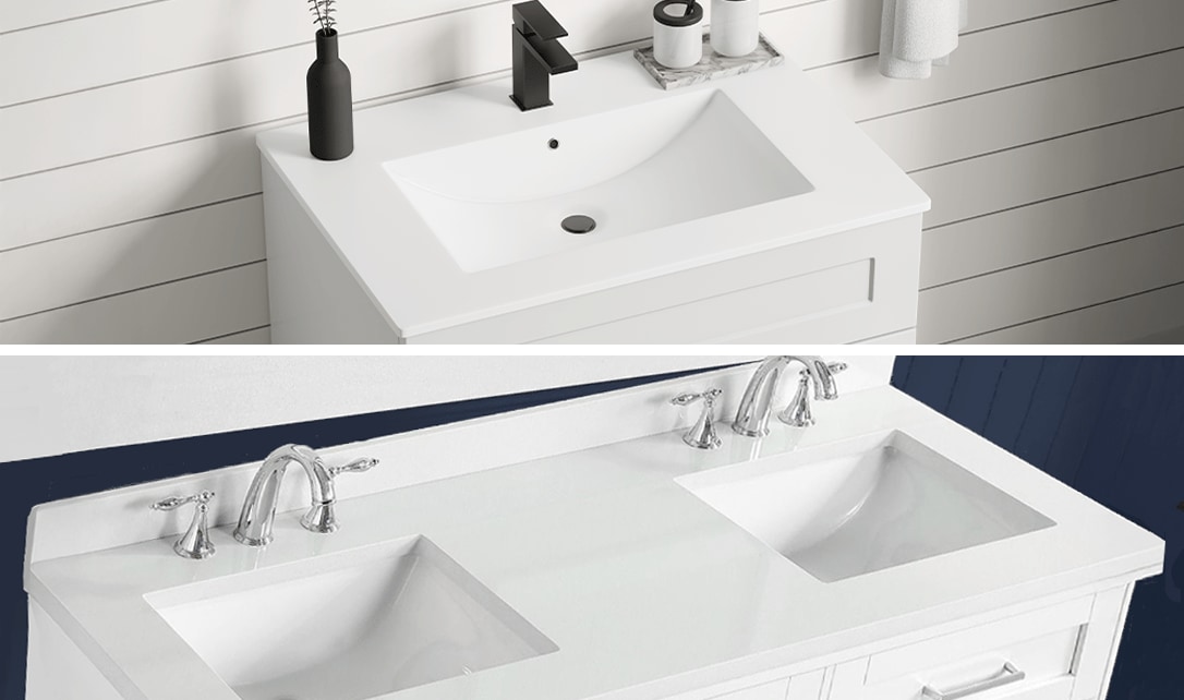 Gros plan sur la configuration d'une salle de bain présentant des meubles-lavabos simples et doubles munis de beaux accessoires.