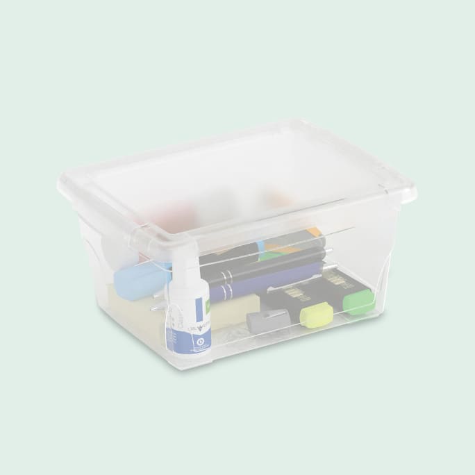 Clear extra small storage bin containing various small items.